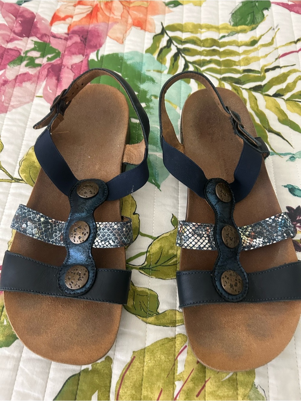 SAS Navy and Metallic Multi-Texture T-Strap Sandals